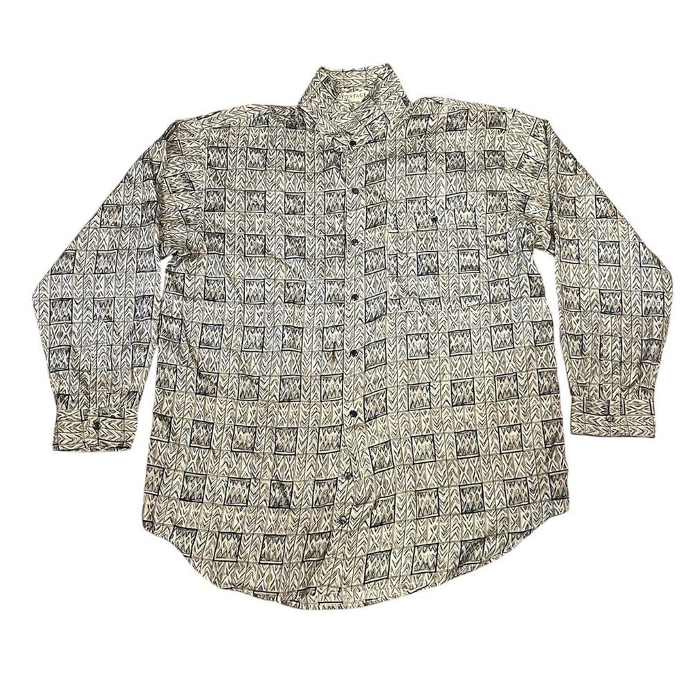 Vintage 90s Silk Tribal Geometric Abstract Button Down Shirt Mens XL Retro Boho